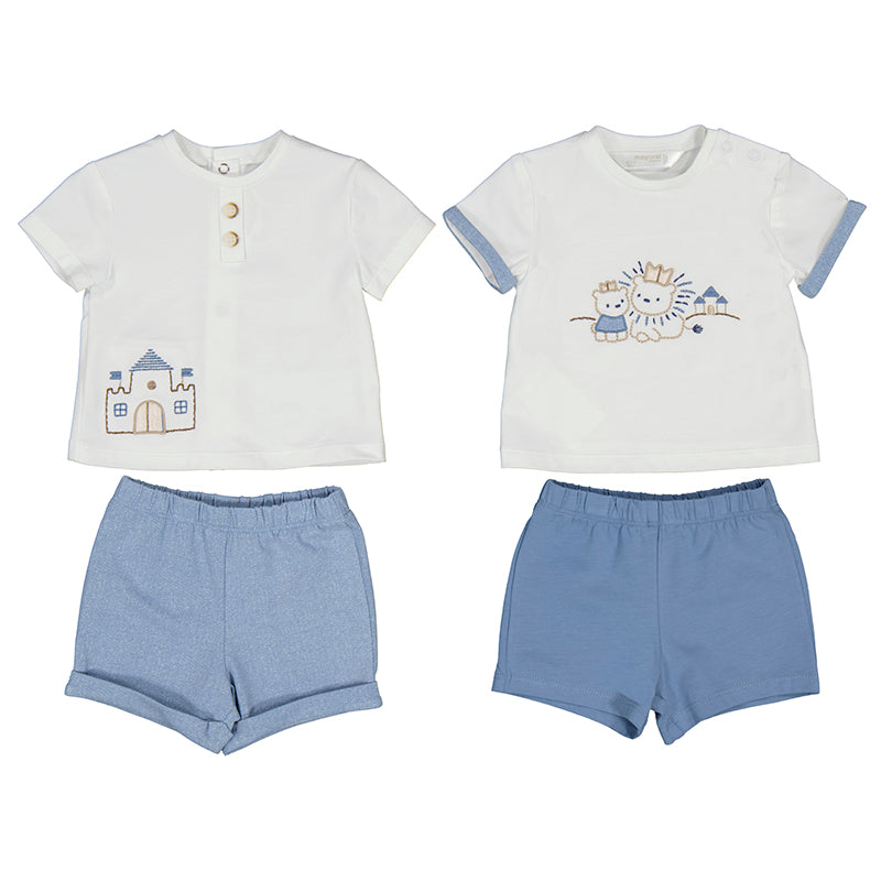 Two outfits for children, each consisting of a white top with a castle and a different design, and blue shorts. One top has buttons at the collar, and the other has a round neckline.