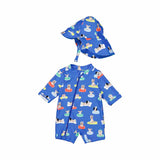 A blue swimsuit for dogs with a pattern of various dogs in different poses, accompanied by a matching hat.
