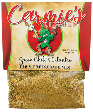 Packaging of Carmie's Kitchen green chili & cilantro dip & cheeseball mix with a cartoon character on a red and beige background.