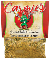 Packaging of Carmie's Kitchen green chili & cilantro dip & cheeseball mix with a cartoon character on a red and beige background.