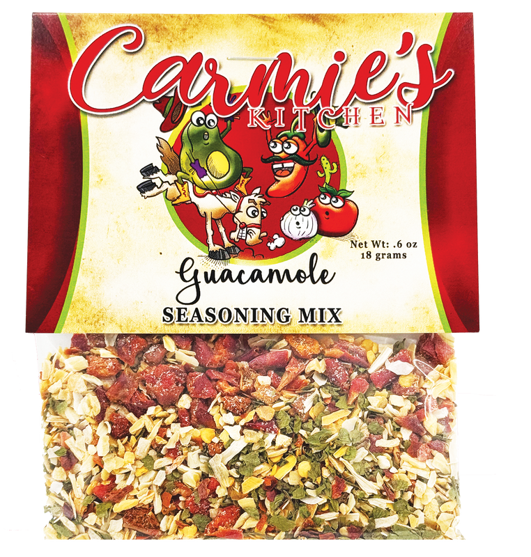 Carmie's Kitchen Guacamole Seasoning Mix packaging with colorful ingredients visible.