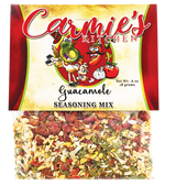 Carmie's Kitchen Guacamole Seasoning Mix packaging with colorful ingredients visible.