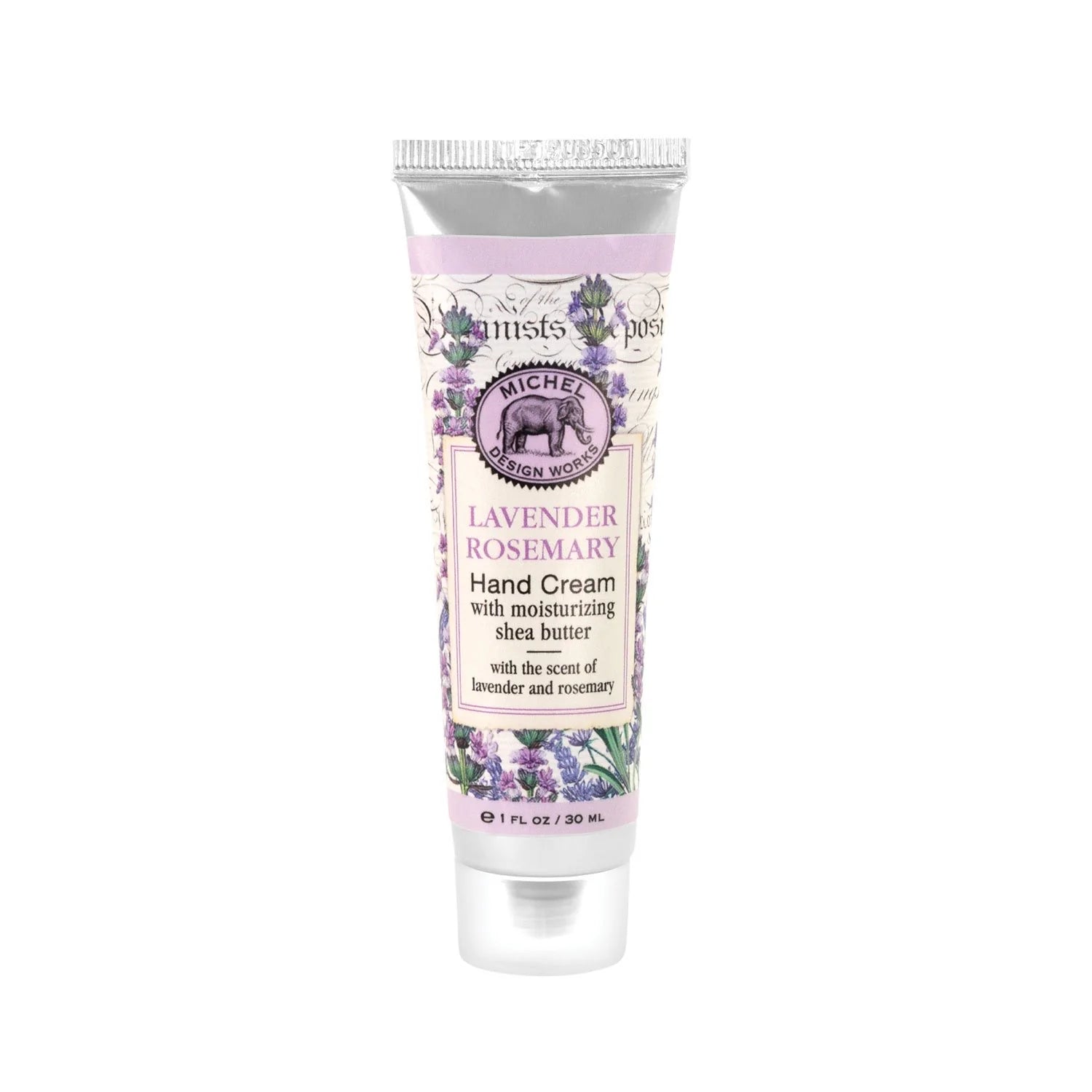 Hand cream tube with lavender and rosemary design on a white background