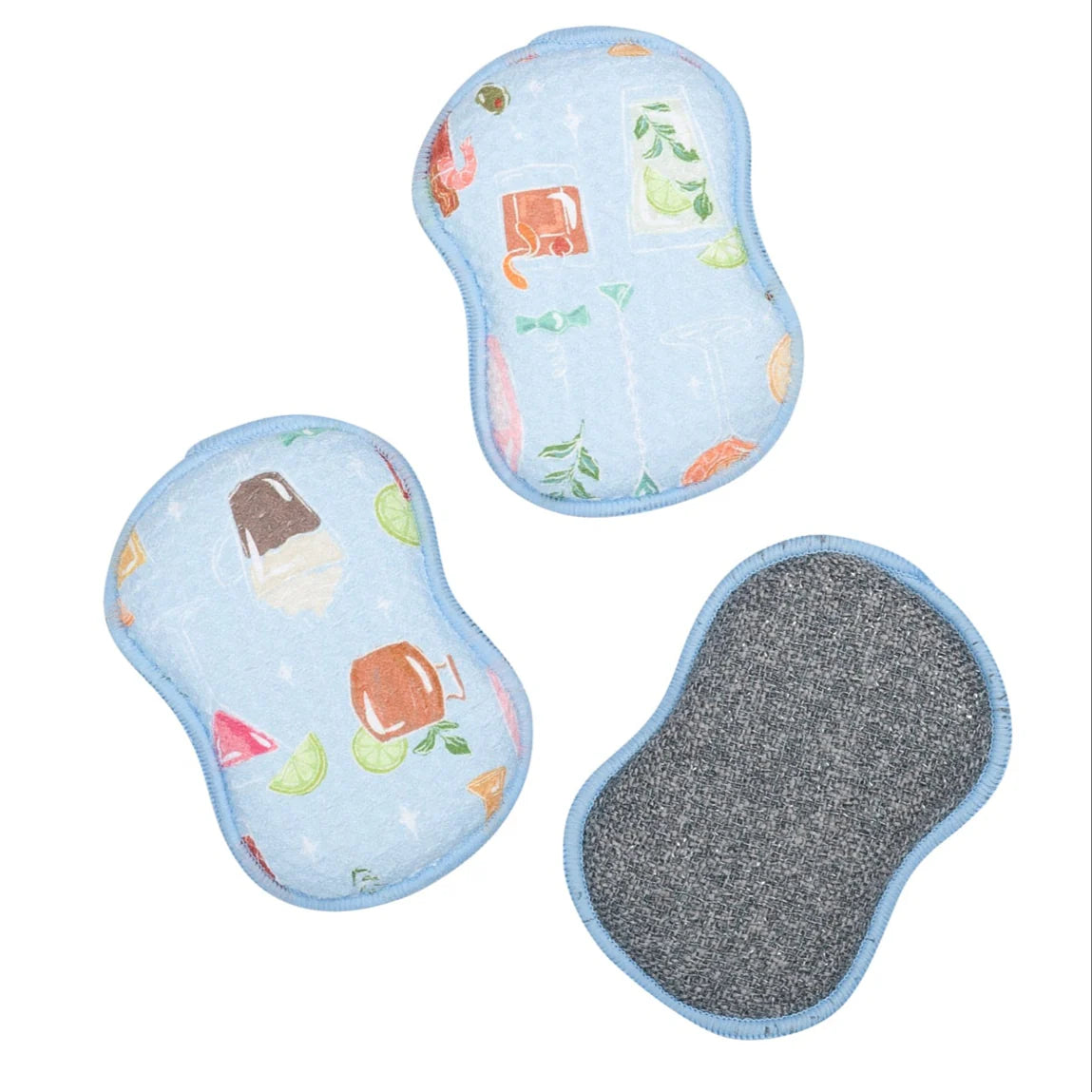 Two blue ergonomic mouse pads with colorful designs and a gray textured pad on a white background.