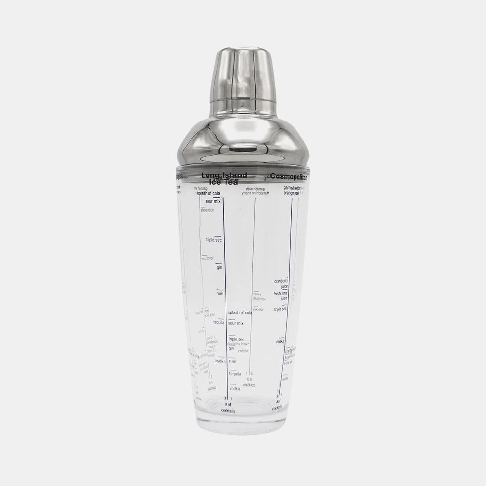 Clear cocktail shaker with silver top on a white background