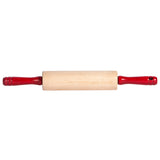 A wooden rolling pin with a light natural wood barrel and bright red handles, shown horizontally against a plain white background.