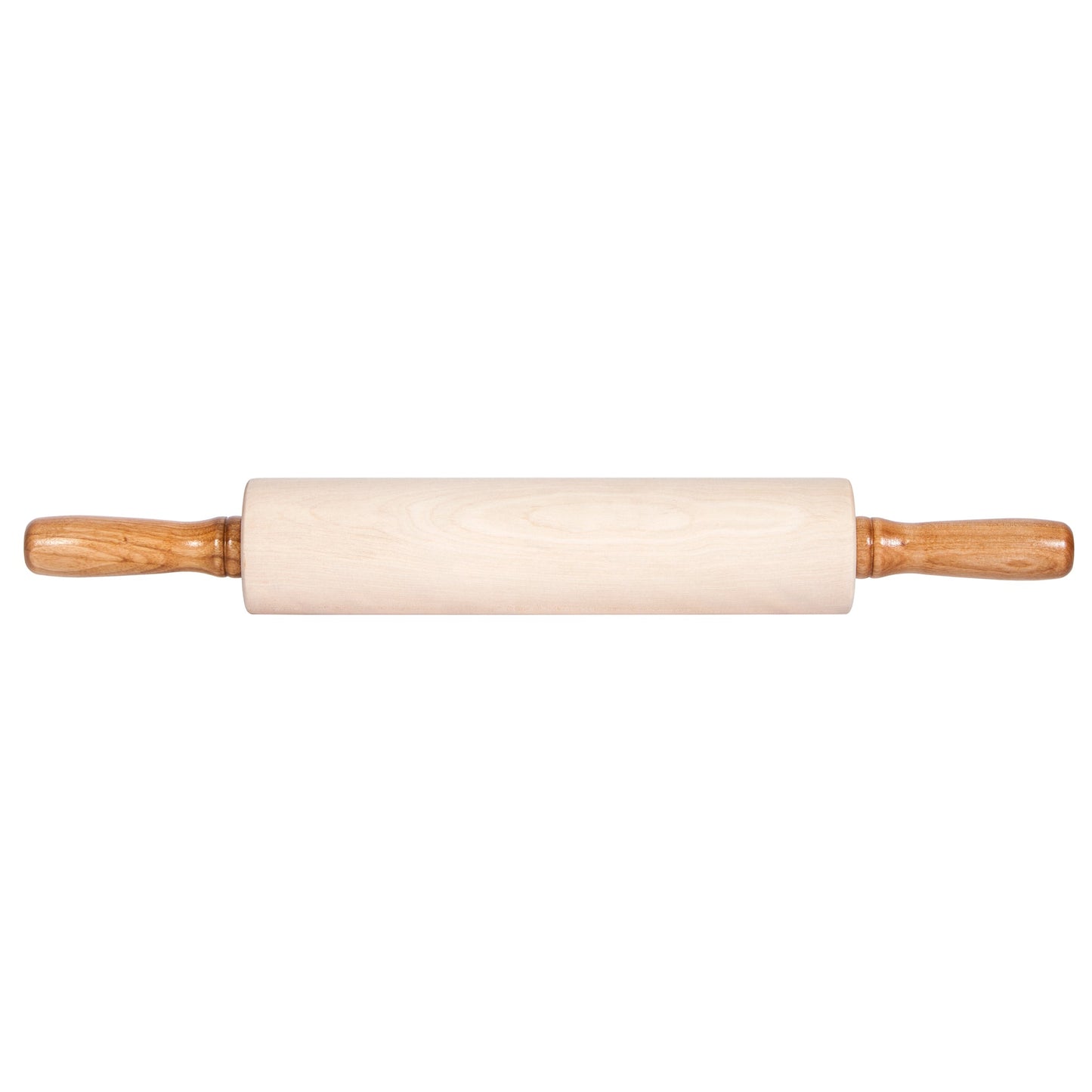 A classic wooden rolling pin with a smooth, light-colored wooden barrel and darker brown wooden handles, shown horizontally against a plain white background.