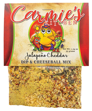 Carmie's Kitchen Jalapeño Cheddar Dip & Cheeseball Mix packaging with colorful characters on a white background.