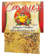 Carmie's Kitchen Jalapeño Cheddar Dip & Cheeseball Mix packaging with colorful characters on a white background.