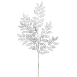 Silver glitter artificial leafy branch with multiple small oval leaves on a stem, shown against a plain white background.
