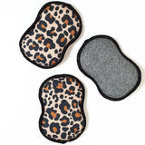 Two leopard print pads and one gray textured pad on a white background