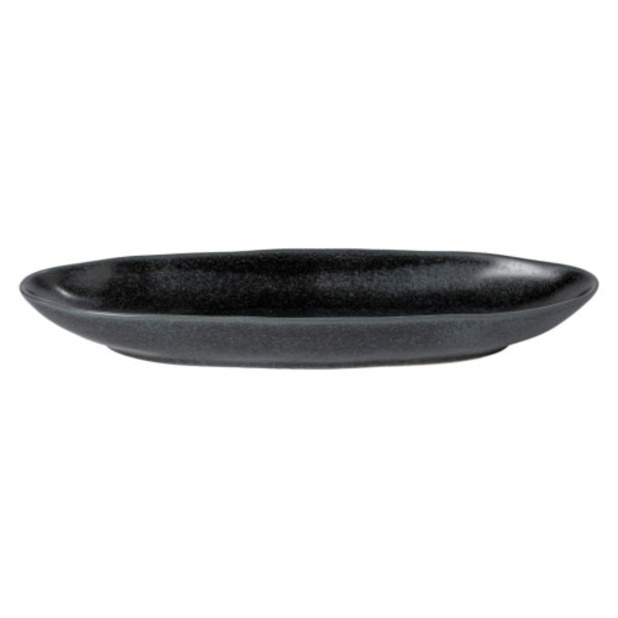 An oval platter with a matte black finish on a white background.