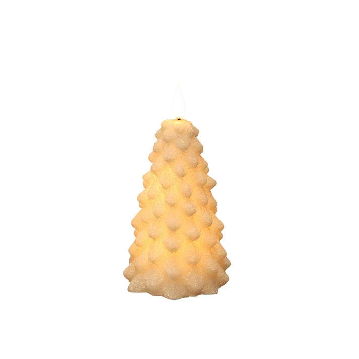A textured, tree-shaped candle with a warm yellow glow, featuring a raised bubble pattern and a white wick at the top, isolated on a white background.