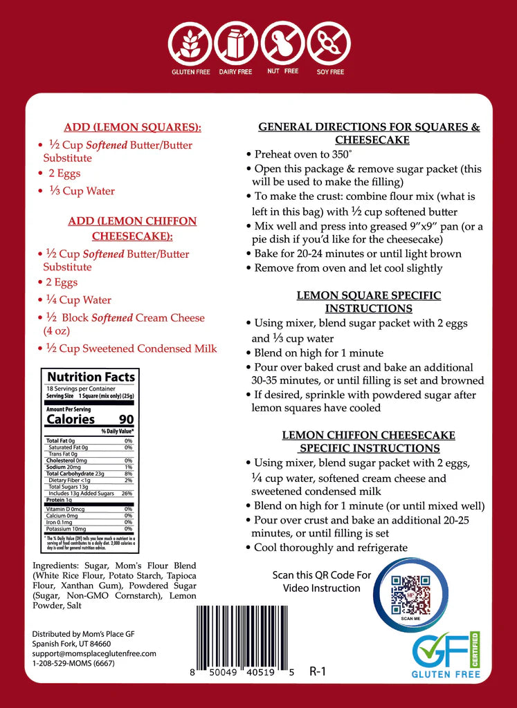 Back of a lemon square and cheesecake mix package with nutritional information and QR code.