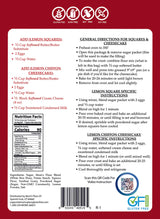 Back of a lemon square and cheesecake mix package with nutritional information and QR code.