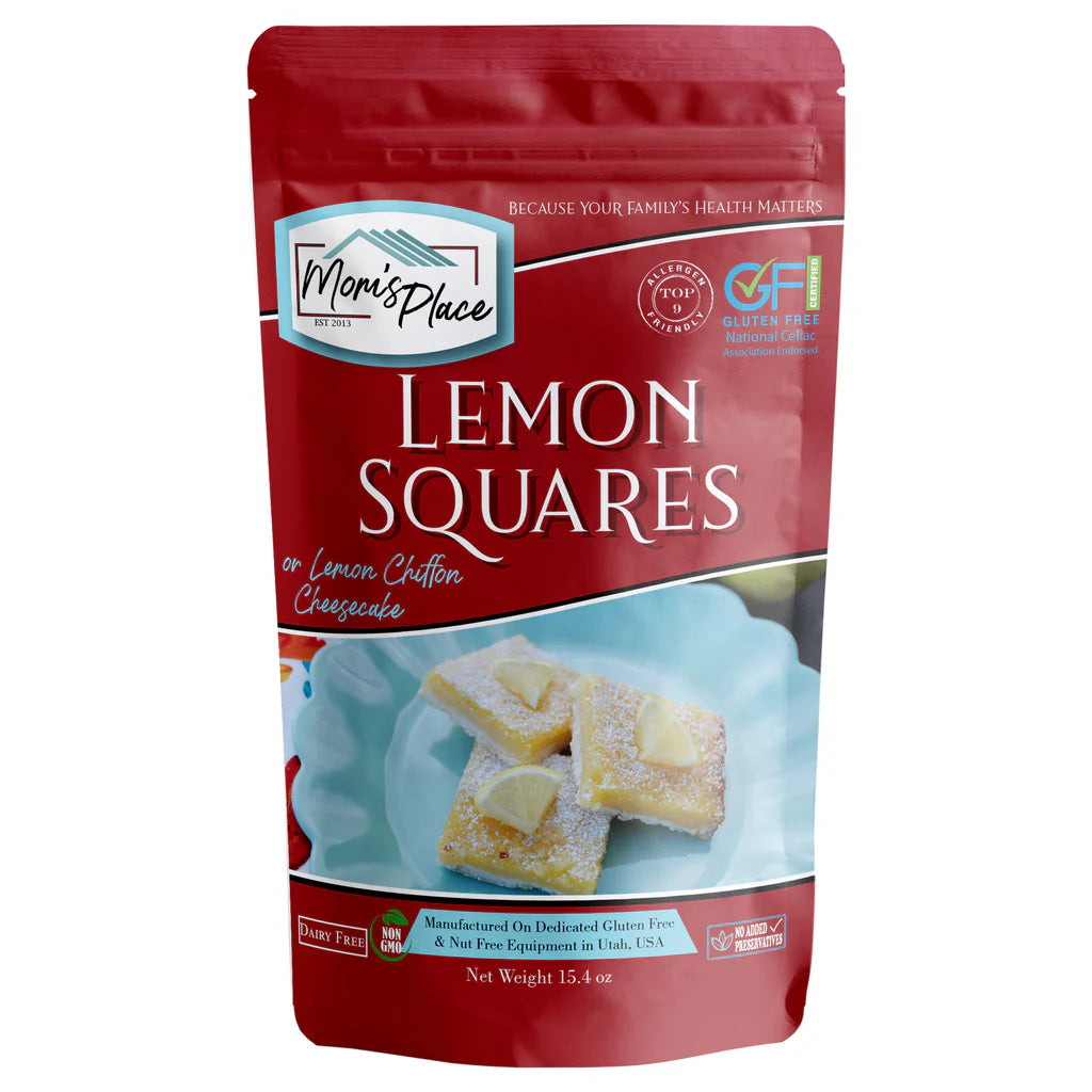 Red package of Lemon Squares from Mori's Place on a white background