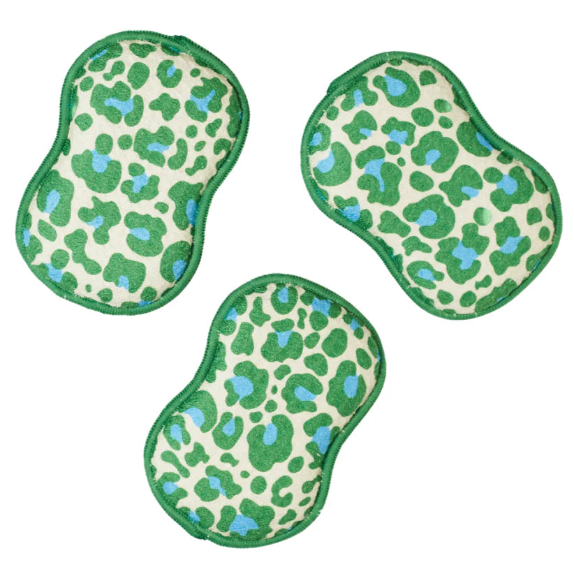 Three green and blue patterned eye masks on a white background
