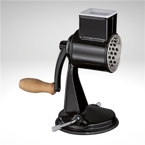 Manual meat grinder with black body, silver top, and wooden handle on a white background