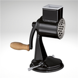 Manual meat grinder with black body, silver top, and wooden handle on a white background