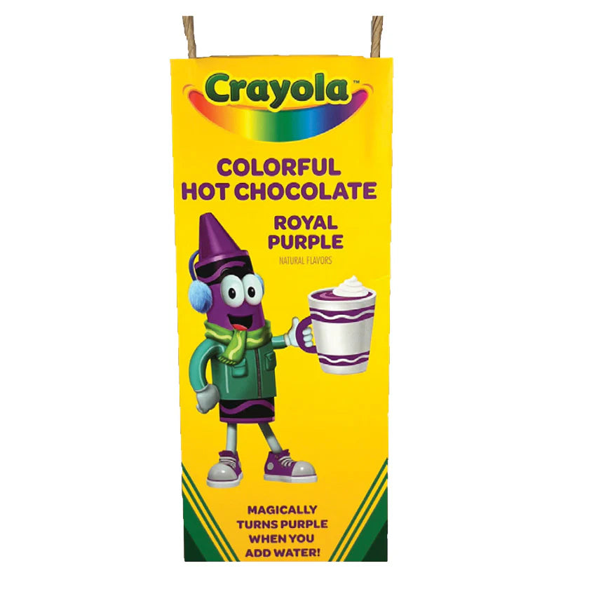 Crayola colorful hot chocolate packaging with a cartoon character holding a cup.