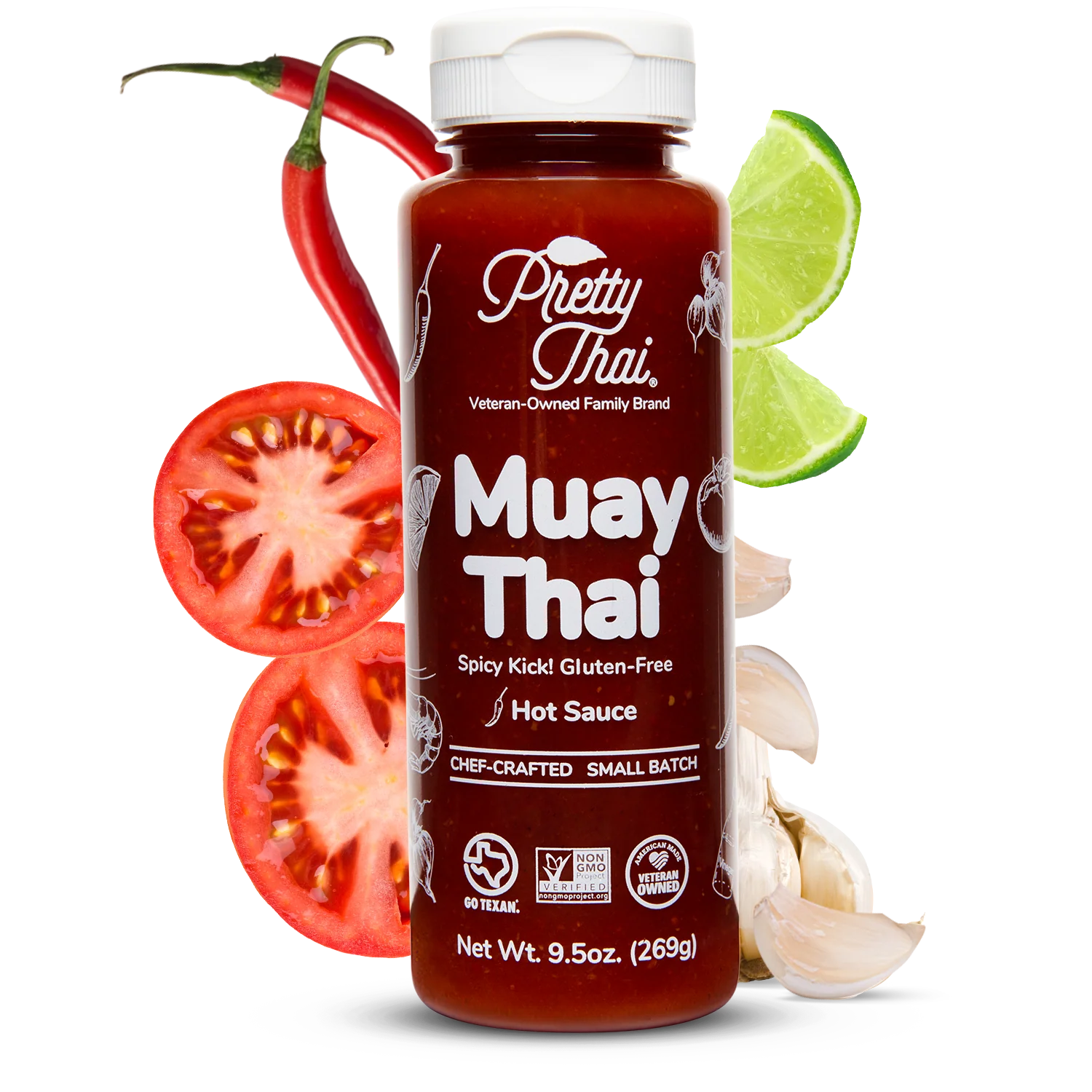 Bottle of Pretty Thai Muay Thai hot sauce with chili, lime, and tomato on a white background