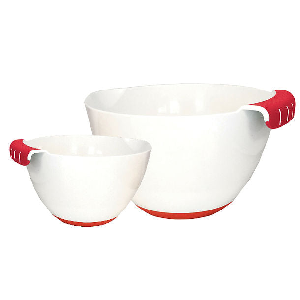 Two white mixing bowls with red interior and handles on a white background