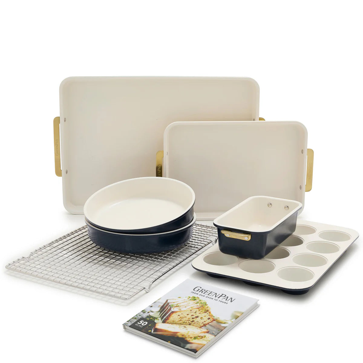 Set of ceramic cookware including a baking dish, loaf pan, and muffin tray on a white background.