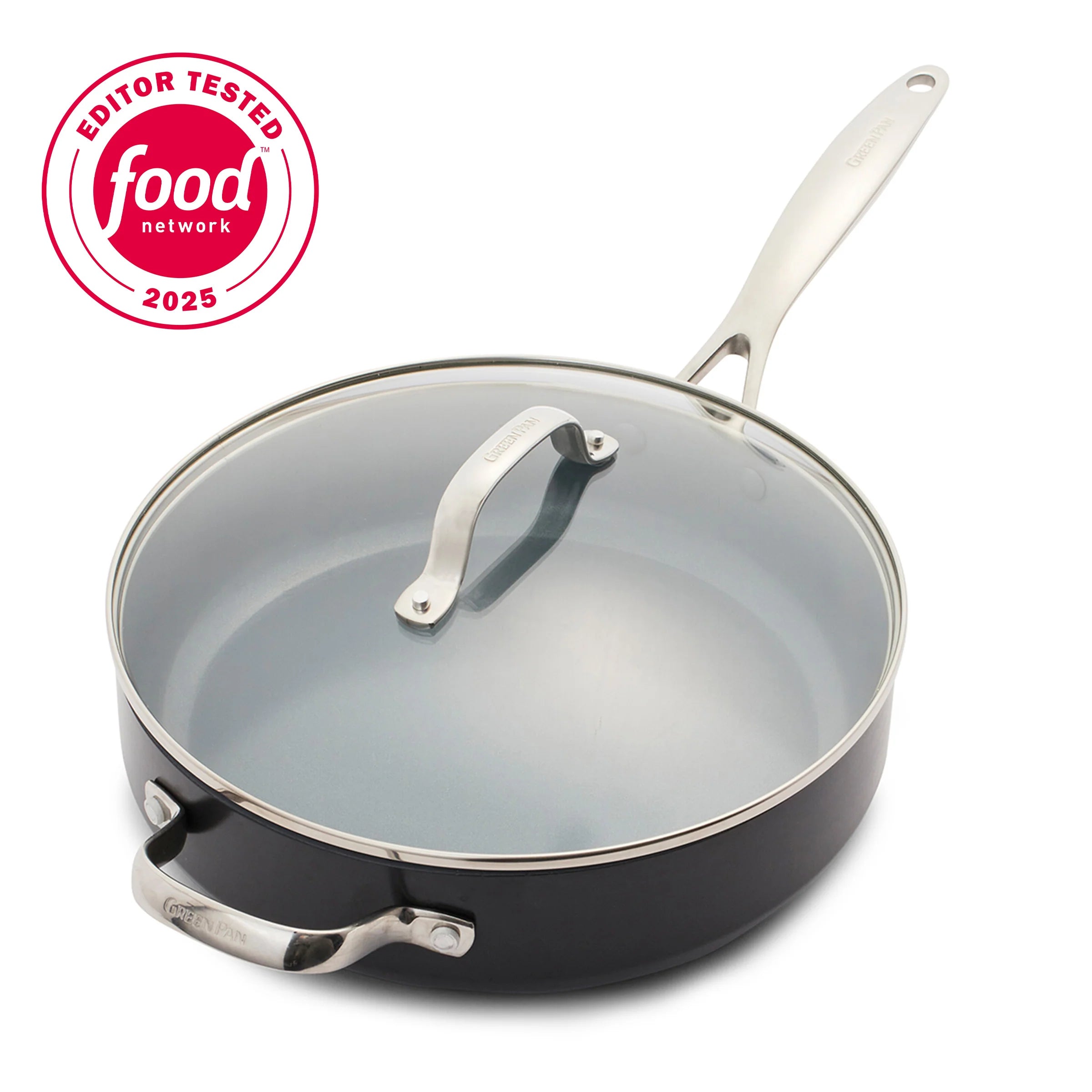 Black frying pan with glass lid on a white background, featuring the Food Network Editor Tested 2025 logo.