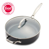 Black frying pan with glass lid on a white background, featuring the Food Network Editor Tested 2025 logo.