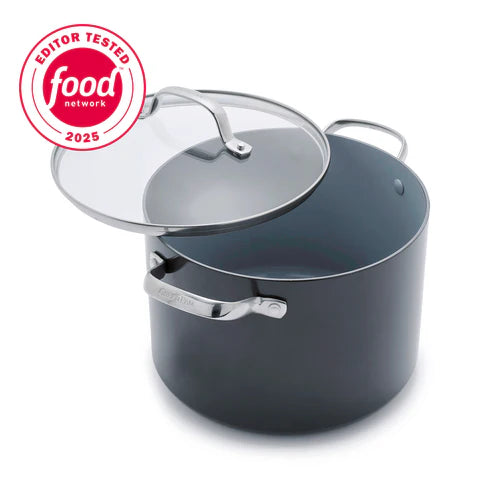 Gray pot with a clear lid on a white background, featuring the Food Network Editor Tested logo.