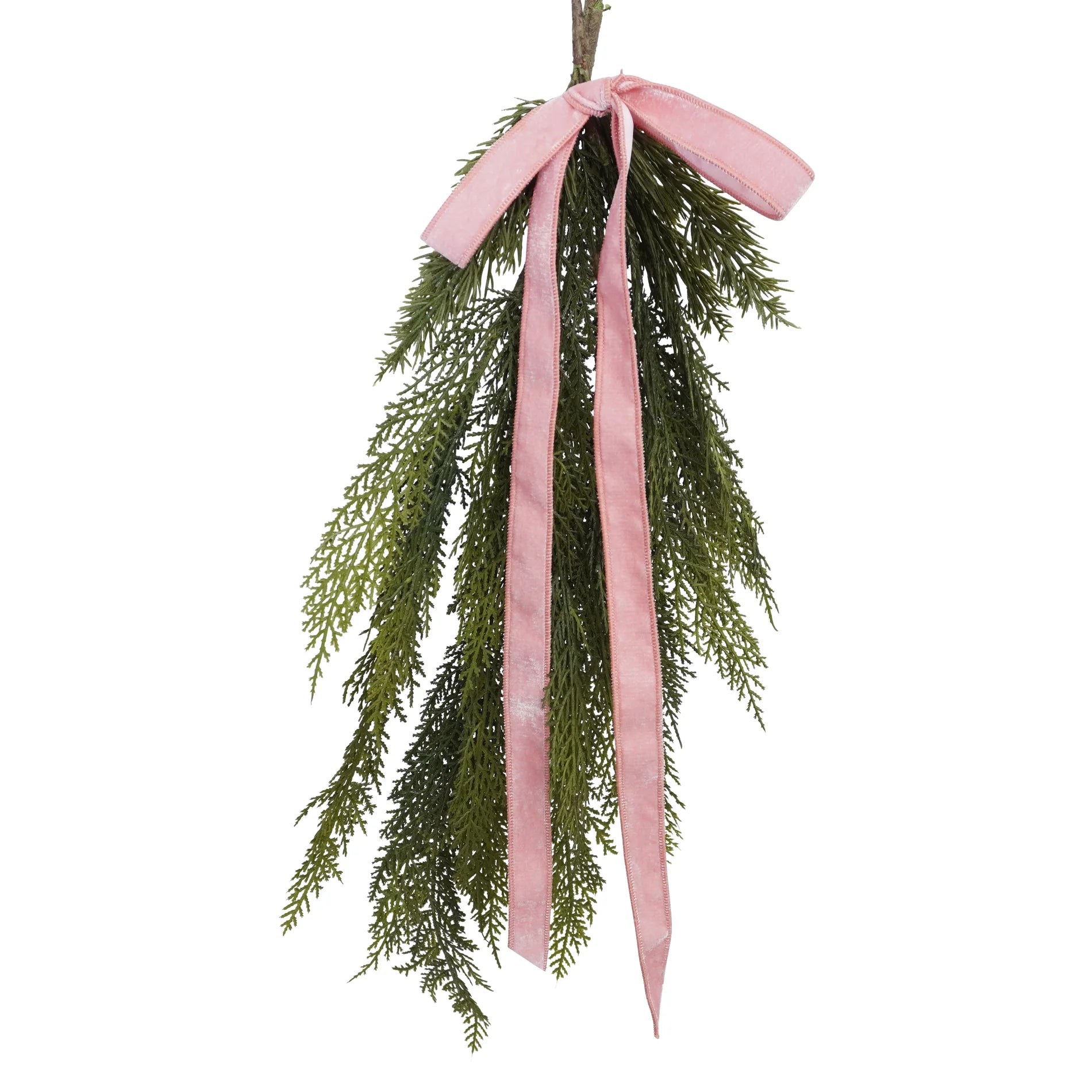 Hanging green foliage with a pink ribbon on a white background