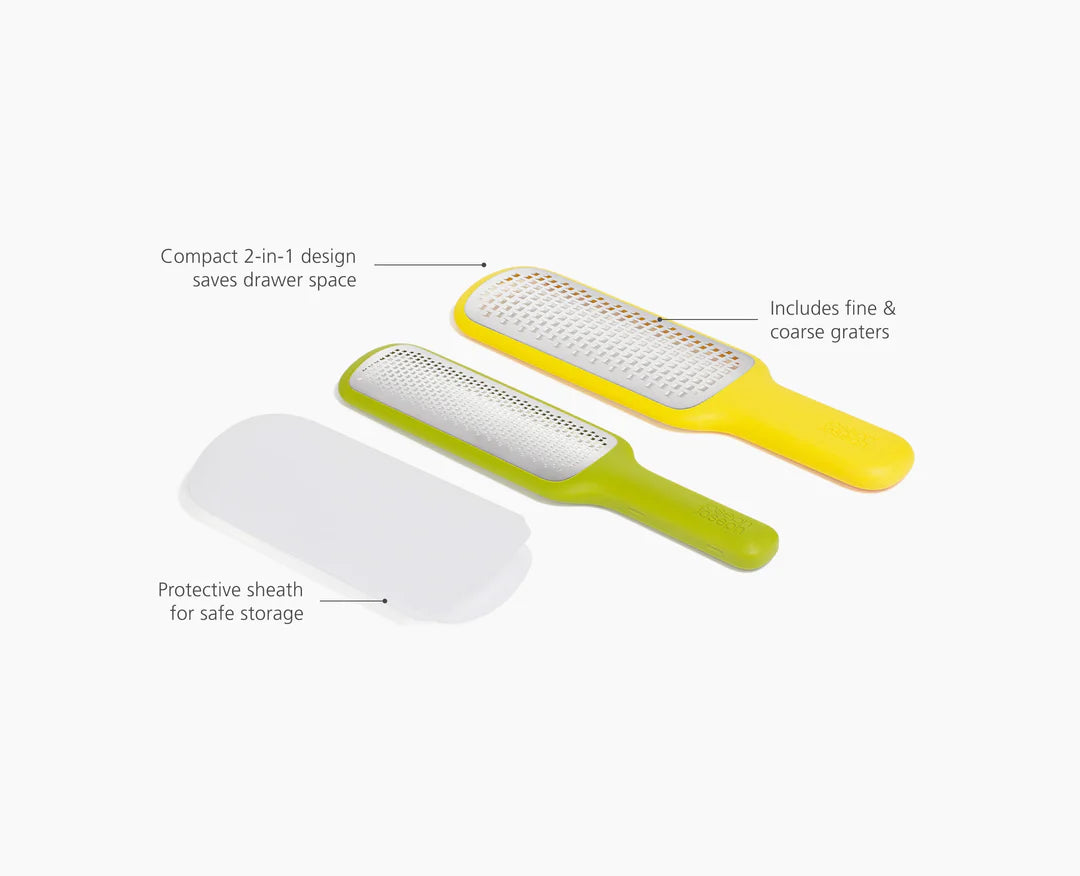Two kitchen graters with labels on a white background