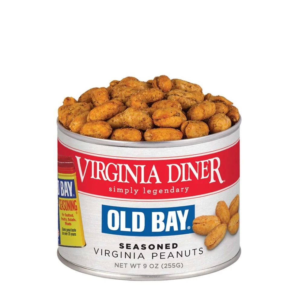 Can of Virginia Diner Old Bay seasoned Virginia peanuts on a white background