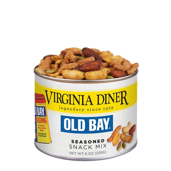 Can of Virginia Diner Old Bay Seasoned Snack Mix on a white background
