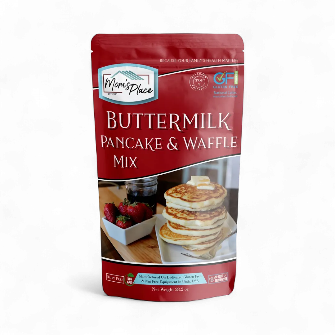 Bag of Buttermilk Pancake & Waffle Mix with a stack of pancakes on a white background