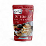 Bag of Buttermilk Pancake & Waffle Mix with a stack of pancakes on a white background