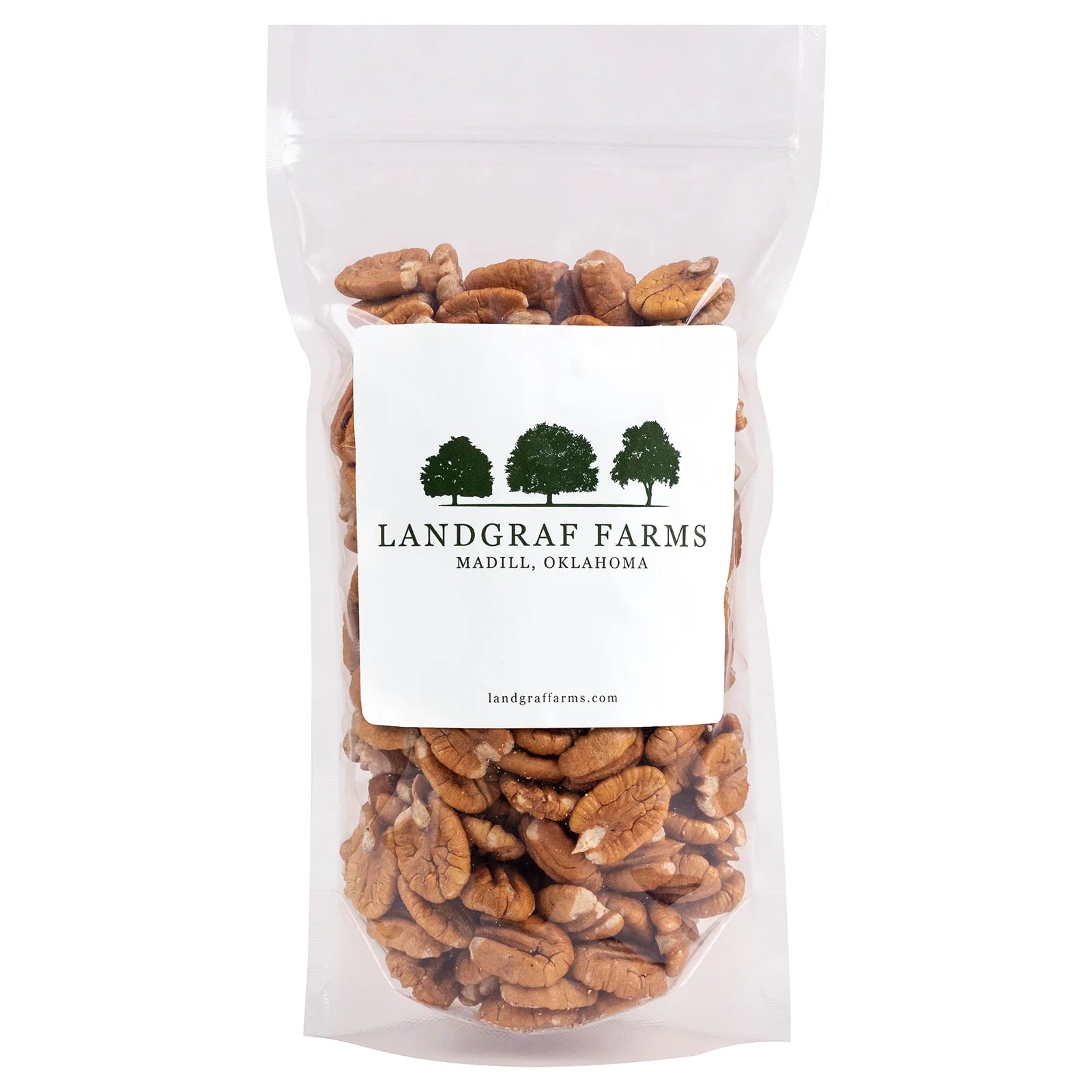 Bag of pecans with Landgraf Farms label on a white background
