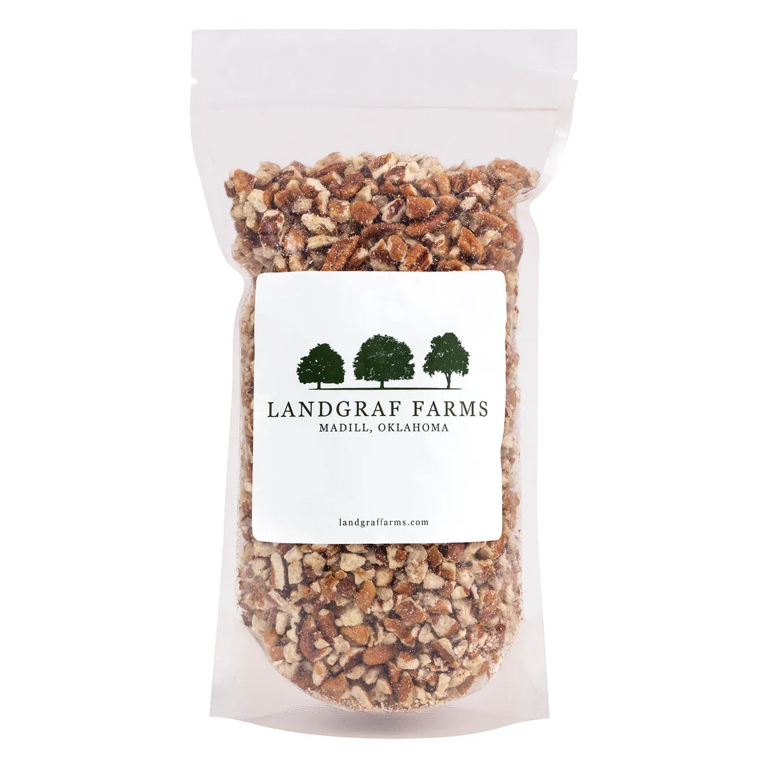 Bag of chopped nuts with Landgraf Farms label on a white background