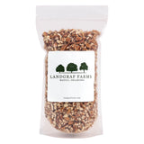 Bag of chopped nuts with Landgraf Farms label on a white background