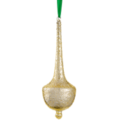 Decorative gold ornament with a green ribbon on a white background