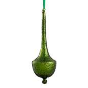 Green decorative object hanging from a string on a white background
