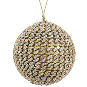 Decorative ball ornament with gold and silver embellishments on a white background