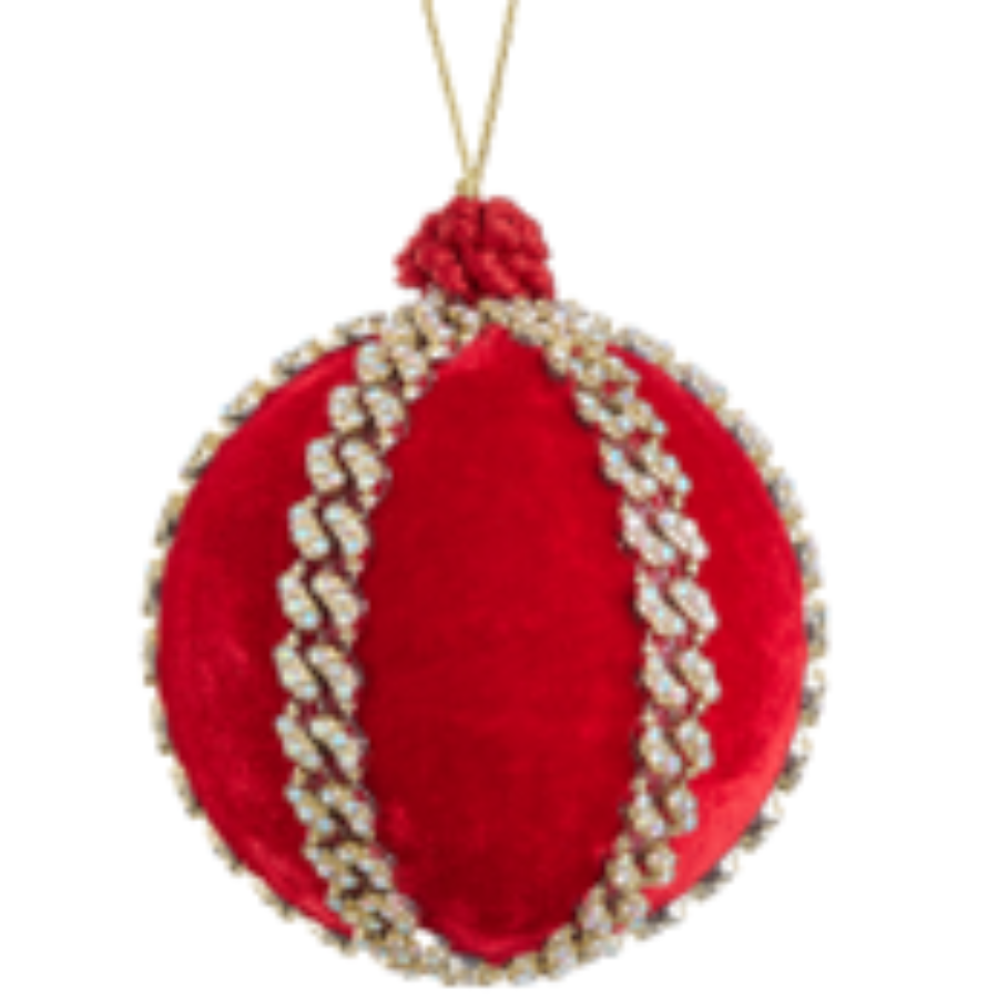 Red ornament with gold trim on a white background