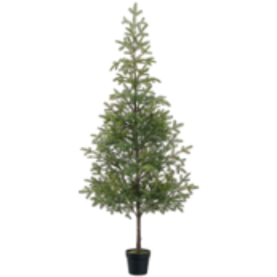 Potted artificial Christmas tree on a white background