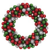 Decorative wreath with red, green, and silver ornaments on a white background