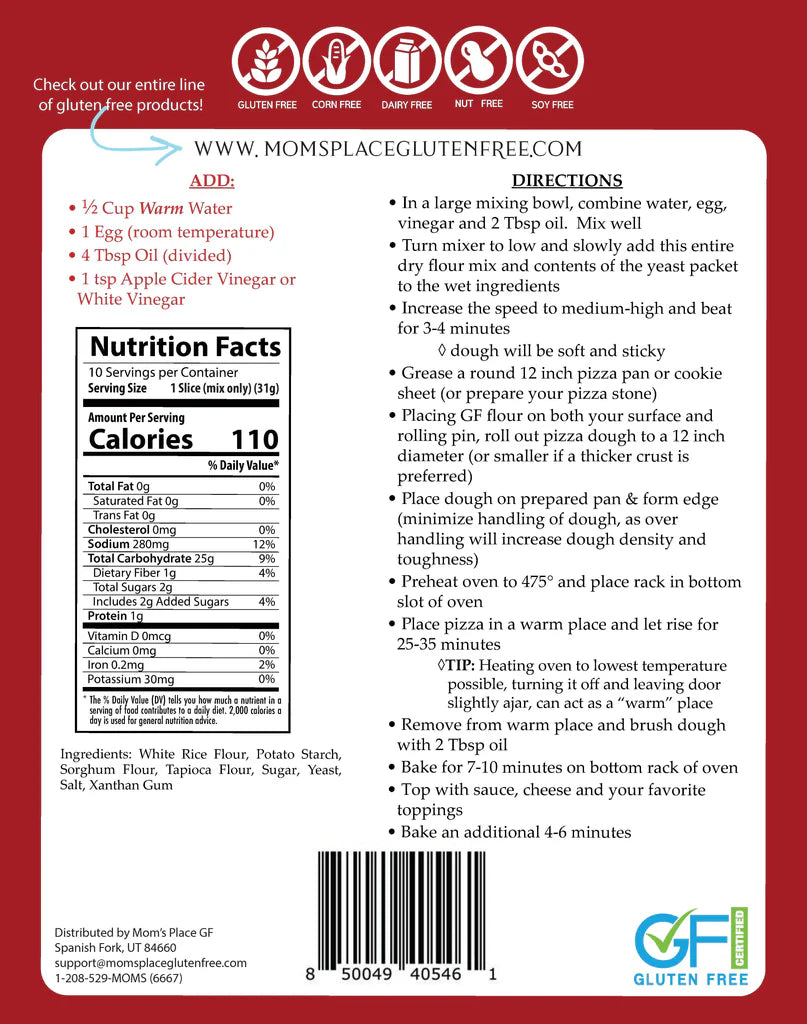 Back of a gluten-free product packaging with nutrition facts, directions, and branding information.