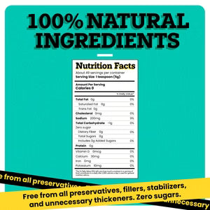 Nutrition facts label with '100% Natural Ingredients' text on a teal background