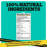 Nutrition facts label with '100% Natural Ingredients' text on a teal background
