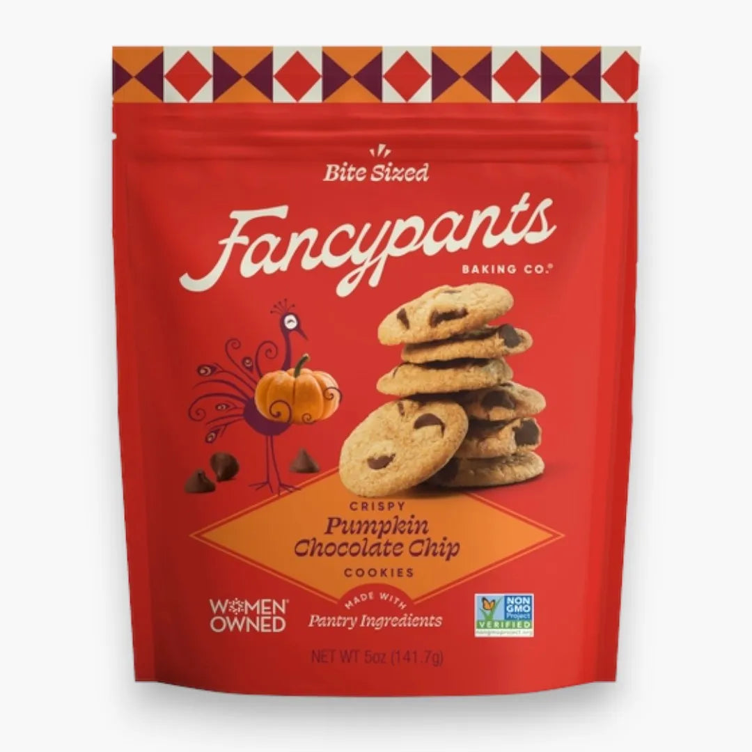 Red package of Fancypants Baking Co. cookies with a stack of cookies and pumpkin on the label.