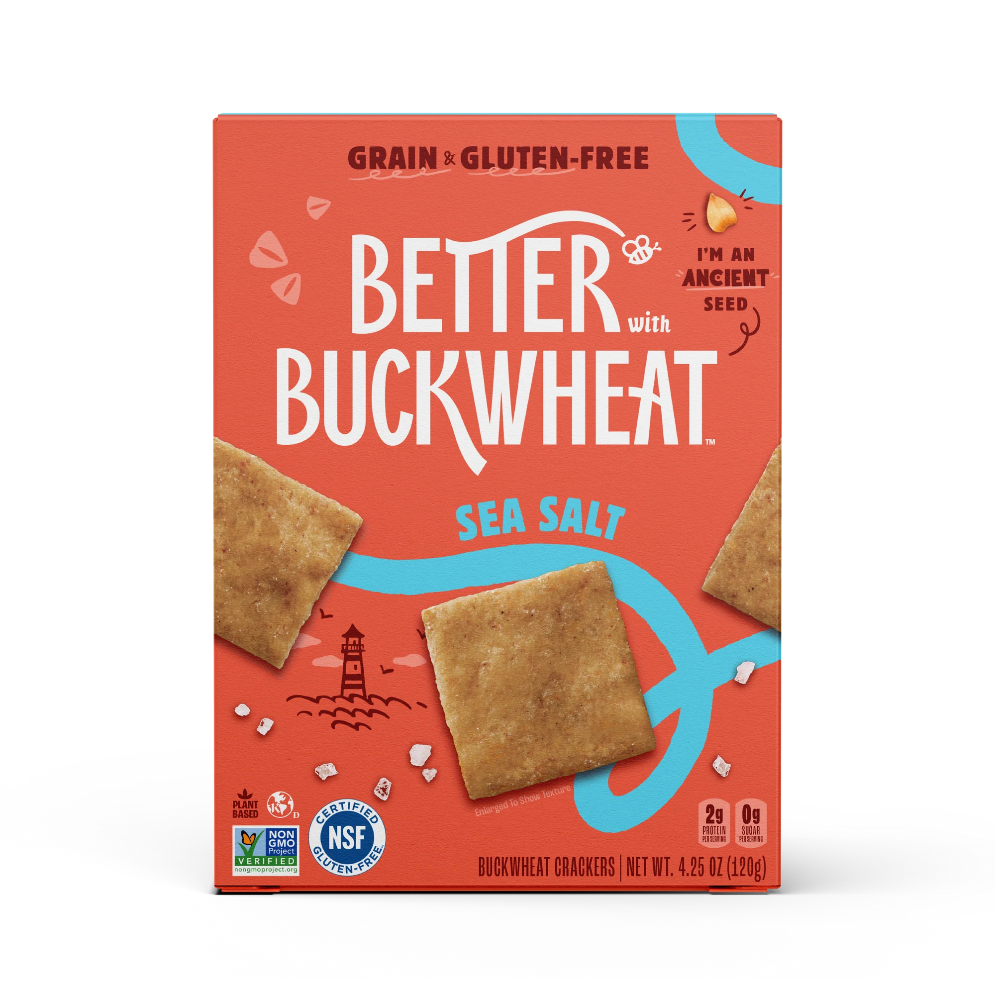 Box of Better with Buckwheat Sea Salt buckwheat crackers on a white background
